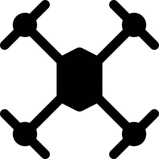 Black silhouette icon of a quadcopter drone with four propellers.