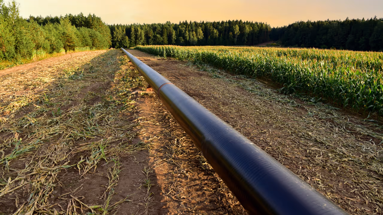 Long black pipeline running through a harvested field next to a green cornfield under a clear sky.